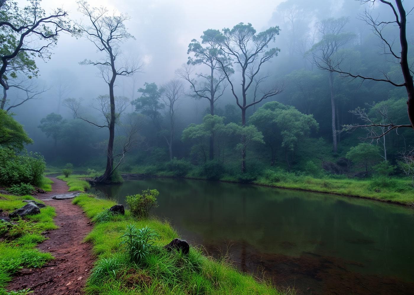 Misty hiking trail beside a dam in Kologha Forest Reserve